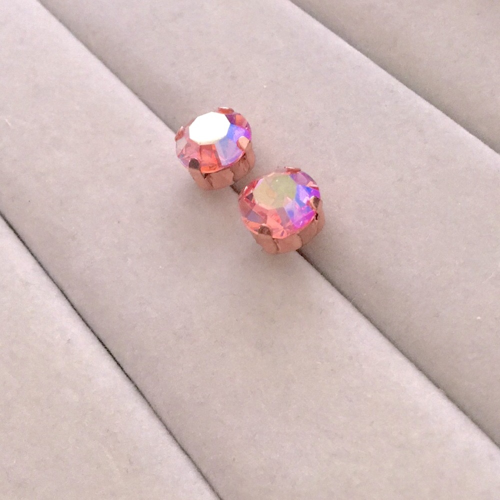 Iridescent Pink Rose Aurora Borealis Shimmer + Rose Gold Crystal Earrings - Picture 3 of 11